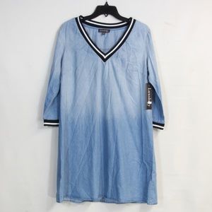 Luxology Women's V-Neck Blue Hombre Denim Flare Mini Dress Size Medium NWT